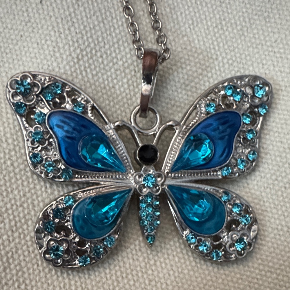 Silver Butterfly Pendant Necklace with Blue Crystals - Picture 2 of 4